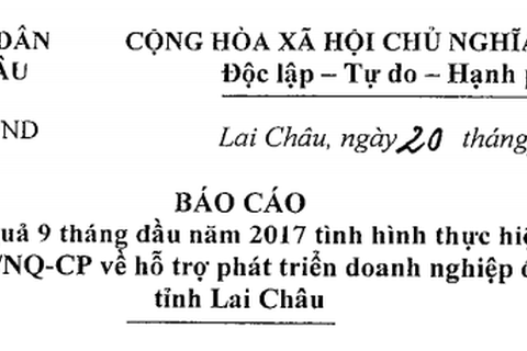 Kết quả 9 tháng đầu năm 2017 tình hình thực hiện Nghị quyết số 35/NQ-CP về hỗ trợ phát triển doanh nghiệp đến năm 2020 tỉnh Lai Châu